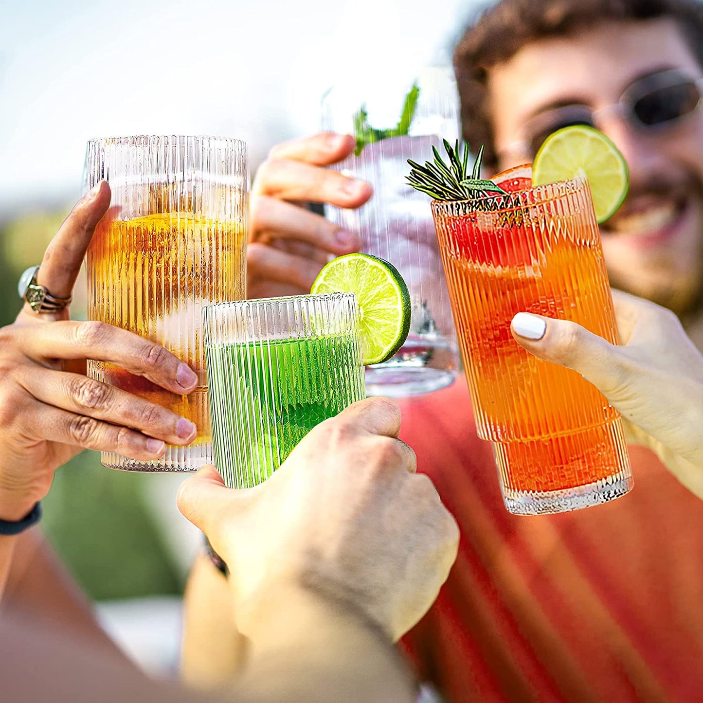 Lvtrupc 10Pcs Ribbed Highball Glasses with Straws & Cleaning Brush