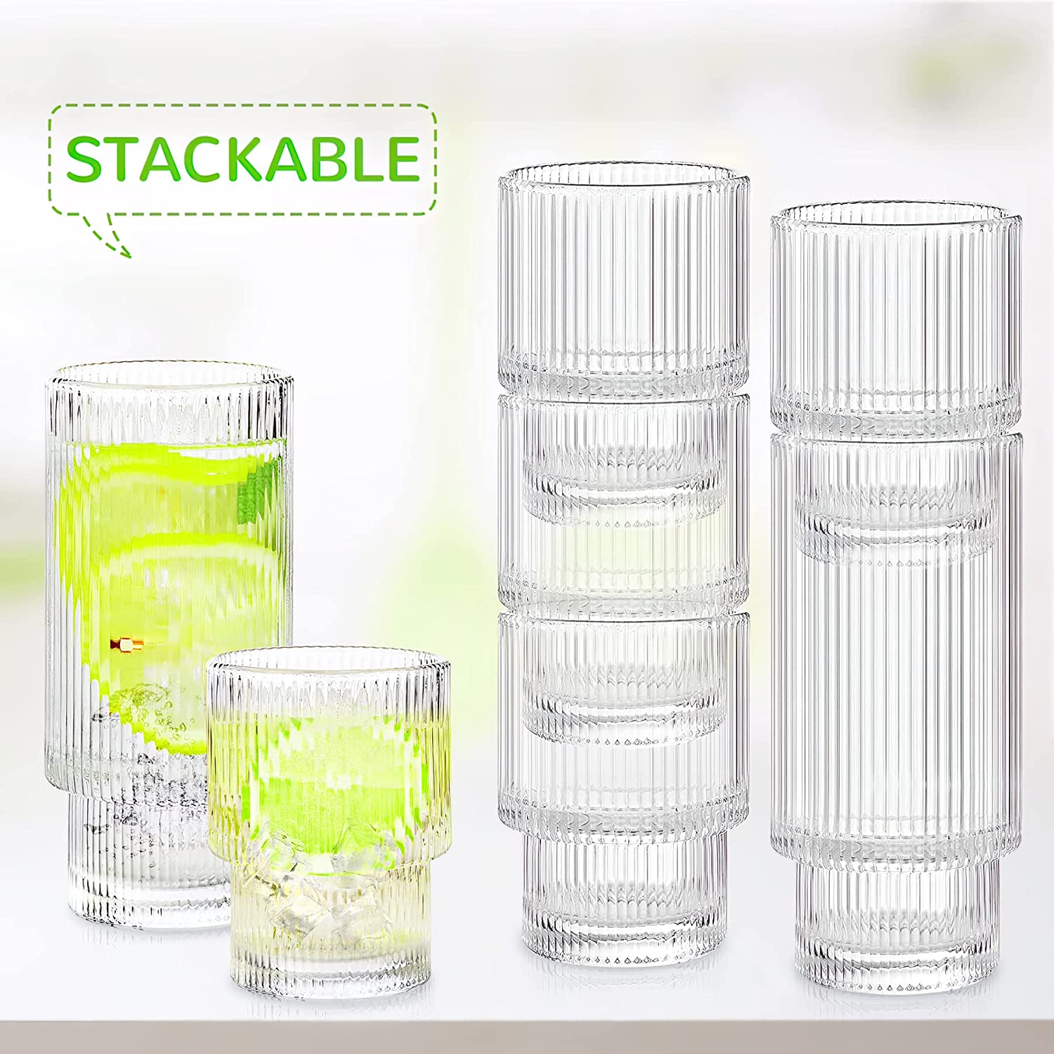 Ribbed Glassware Drinking Glasses With Straws, Vintage Glassware
