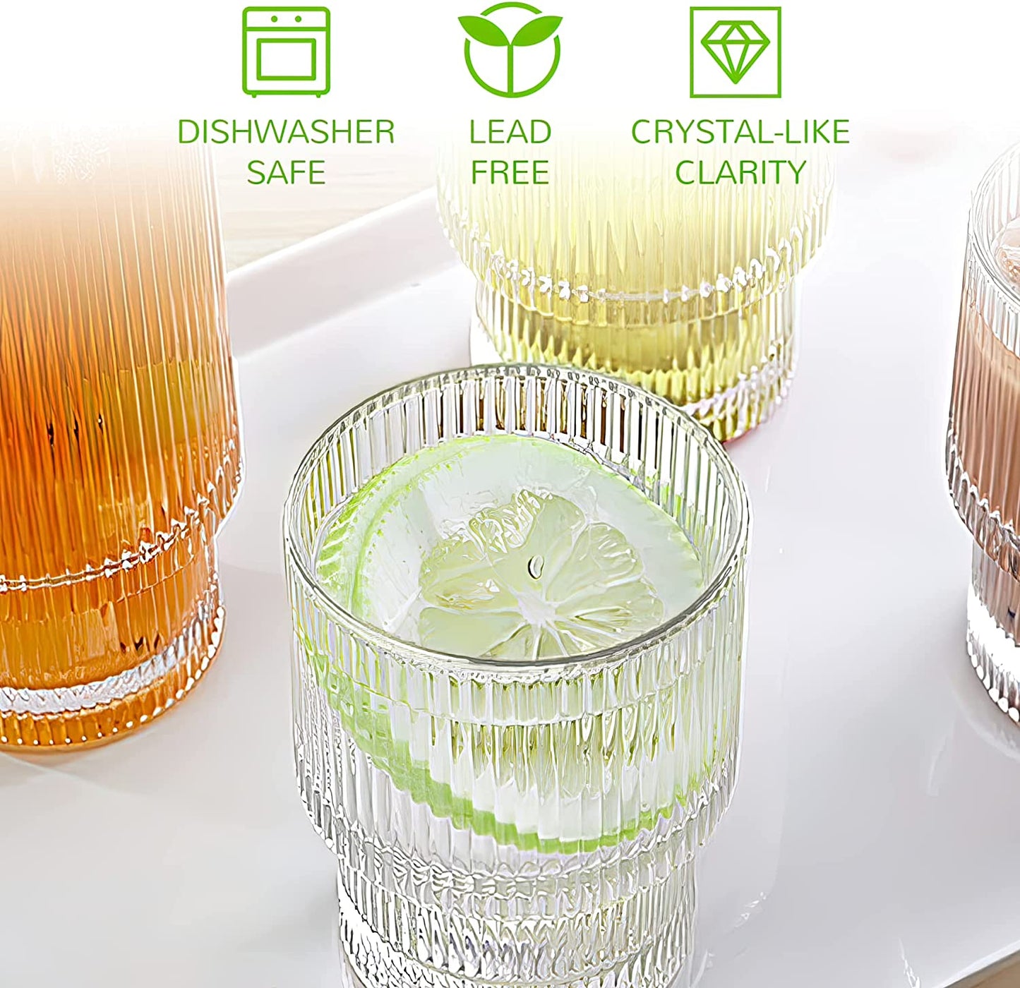 Lvtrupc 10Pcs Ribbed Highball Glasses with Straws & Cleaning Brush